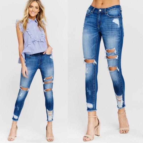 Kan Can Denim - Kancan Medium Denim Wash Distressed Skinny Jeans